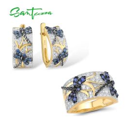 Sets SANTUZZA 925 Silver Jewellery Set For Women Pure 925 Sterling Silver Gold Colour Delicate Blue Dragonfly Trendy Gift Fine Jewellery