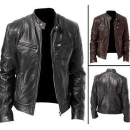 "Classic Men's Autumn Winter Leather Jacket - Stand Collar Zipper Black Motor Biker Coat for Motorcycle Enthusiasts"