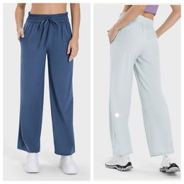 LU-1912 Women Stretch Drawstring Waist Straight Pants Pocket Is Slim High Waist and Hip-lifting Leisure Sports Pants