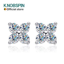 Earrings KNOBSPIN D VVS1 Round Moissanite Stud Earrings for Women Man 4 Stones Classic s925 Sterling Silver Earring with GRA Gift Jewellery