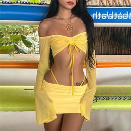 Work Dresses Y2K Aesthetics Sexy Co-ord Sets Retro Korean Off Shoulder Flare Sleeve Crop Tops Micro Skirt 2 Piece Suits Streetwear