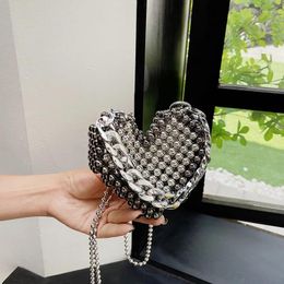 Evening Bags Fashion Love Handheld Shoulder Trendy Personalised Silver Knitted Beaded Chain Women's Crossbody Bag Mini Zero Wallet