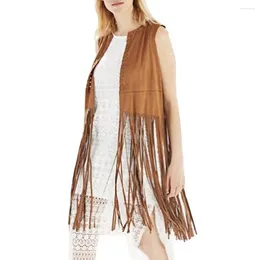 Women's Vests Women Long Tassels Suede Vest Open Front O Neck Hollow Hole Vintage Fringed Waistcoat Top