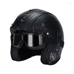 Motorcycle Helmets Black Leather Open Face Helmet With Halley Glass Scooter Riding Caque Classic Electric Motorbike Jet Cascos Para Moto