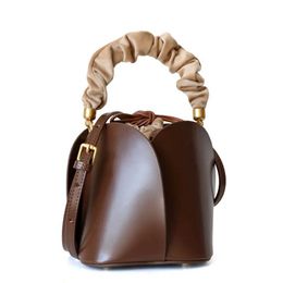 Evening Bags Solid Colour Small Genuine Leather Bucket Crossbody Bags for Women 2024 Spring Branded Designer Lady Drawstring Shoulder Handbags