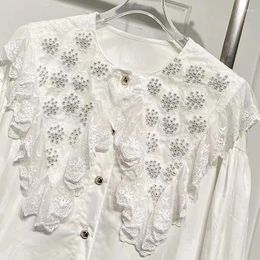 Women's Blouses 2024 Spring Exquisite Beaded Lace Hollow-out Long White Black Oversized Shirts Women Lantern Sleeve Tops Blusas