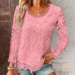 Women's Blouses Women Fashionable T-shirt O-neck Long Sleeve Blouse Solid Color Hollow Embroidery Lace Pullover Tops Streetwear