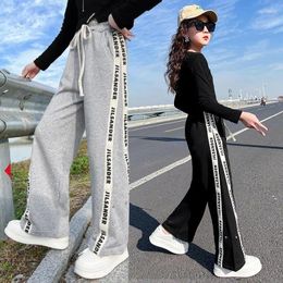 Trousers 2024 Teens Girls Letter Ribbon Patchwork High Waist Fashion Streetwear Loose For Teenage Girl 10 12 14 Kids Wide Leg Pants