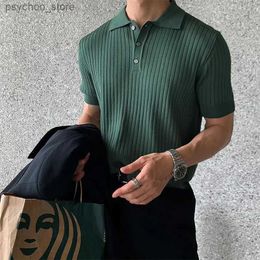 Men's T-Shirts M-3XL Mens Clothing Luxury Knit Polo Shirt Casual Striped Button Down Solid Colour Short Sleeve T-Shirt for Men Breathable Q240130