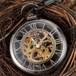 Pocket Watches Steampunk Big Roman Numerals Mechanical Watch Necklace Men Vintage Transparent Fob Hand Wind Retro Chain Unisex