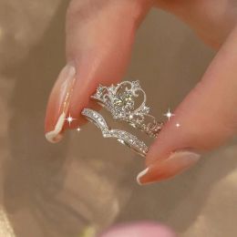 Exquisite Crown Zircon Heart shaped 14K White Gold Ring for Womens Fashion Princess Bride Engagement Wedding Ring Set Jewelry Gift