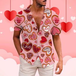 Happy Valentines Day Mens Short sleeved Shirt Sweet Biscuit 3D Printing Short sleeved Shirt Beach Mens Clothing Party Chemistry 240130