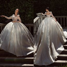 Stunningbride 2024 Luxurious Beads Wedding Dress Custom Made Scoop Neck Long Sleeve Crystal Ball Gown Long Train Church Bridal Dresses