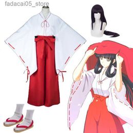 Theme Costume Inuyasha Kikyo Cosplay Come Women Red Kimono Anime Kikyou Halloween Carnival Cos Suit Wig Straw Sandals Full Props Clothing Q240130