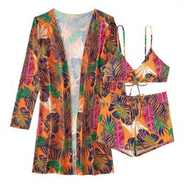 Women's Swimwear 2024 Summer Women Printed Swimsuit Vest With Chest Pad Boyshorts Set Long-Sleeve Cover Ups 3 Pieces Holiday Beachwear