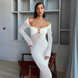 Basic Casual Dresses White crochet backless dress with a hollow open front long skirt summer womens swimsuit cover knitted beach cover J240130