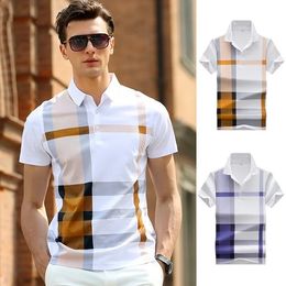 Mens Fashion Business Casual Stripe Polo Comfortable Cotton Top British Style 240130