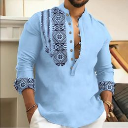 2024 Spring/Summer Leisure Mens Long sleeved Button Down Shirt Loose Henry V-neck Beach Top T-shirt as a Gift 240130
