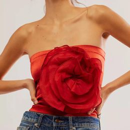Women's Tanks 3D Flower Tube Tops Summer Strapless Solid Colour Bandeau Crop Slim Fit T-Shirts