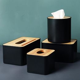 Modern Black Colour Tissue Containers with Phone Holder Wood Cover Seat Type Roll Paper Tissue Canister Cotton Pads Storage Box Y20186M
