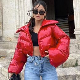 Women's Trench Coats Winter Women Shinny PU Leather Puffer Jackets Warm Cute Bubble Outerwear Bright Parka Down Zipper Cropped