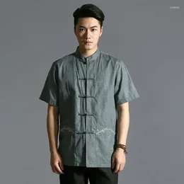 Men's Casual Shirts 2024 Men Linen Green Beige White Mandarin Collar Short Sleeve Bamboo Leaf Embroidery Tops Chinese Retro Style Clothes