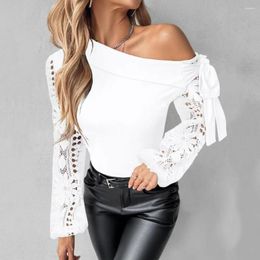 Women's Blouses Women Blouse Elegant Flower Embroidery Mesh One Shoulder With Lace Up Detail Hollow Out Design For Fashion