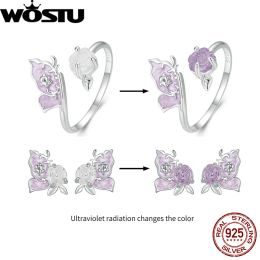 Necklace WOSTU 925 Sterling Silver Colour Change Purple Magenta Butterfly Opening Ring Earrings Set for Women Fine Jewellery Party Date Gift