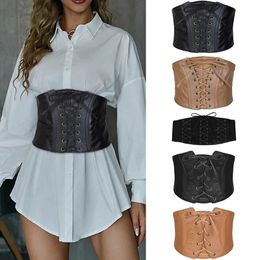 Women PU Leather Punk Wide Corset Belt Adjustable Lace-up Cummerbunds Decorative Waistbands Slimming Body Shaping Girdle Belt 240122