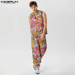 Men's Tracksuits INCERUN Men Sets Floral Printing V Neck Sleeveless Tank Tops & Pants 2CPS Streetwear Loose 2024 Vacation Casual Suits S-5XL