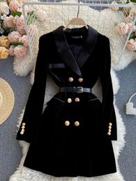 Women's Suits XFPV Blazer Coat Women Velvet Suit Jacket Winter Double Breasted Long Sleeve Ladies Black Belt Outwear