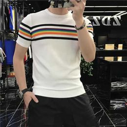 Men's T-Shirts 2022 Summer Men Stretched Tee Shirt Patchwork Colour Stripe Knitted T Shirt Homme Short Sleeve O-Neck Casual T-Shirt Streetwears 240130