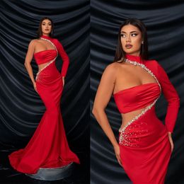 One Modern Evening Shoulder Crystal Beaded Prom Gowns Cutaway Sides Long Sleeve Custom Made Formal Party Dresses Plus Size