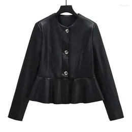 Women's Leather Antumn Jacket Women Vintage Faux Coat Fashion Black O Neck Long Sleeve Pu Overcoat Female Casual Tops Clothing