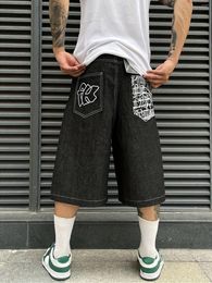 Men's Jeans Hip Hop Vintage Back Gothic Letter Embroidered Denim Pants Casual Shorts