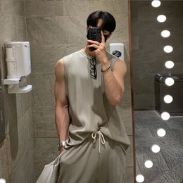 Mens Casual Tank Tops Set Luxury Clothing Korean Streetwear O Neck Solid Drape Vest and Trousers 2 Piece Suit Summer 240122