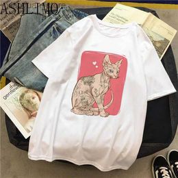 Women's T-Shirt Kawaii hairless cat Women Gothic Y2K Oversized T-shirt Girl Harajuku Basis Ocollar Shirt Short Sleeve Top Tee streetwear Clothe 240130