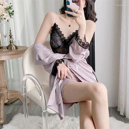 Women's Sleepwear Bride Bathrobe Set Hollow Out Lace 2Pcs Robe Faux Silk Kimono Gown Suit Women Nightgown Loungewear Nightdress