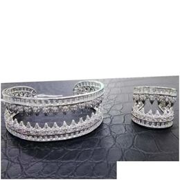 Earrings Necklace Set Revet Teeth Charms 2Pc Bangle Cuff Ring For Women Wedding Bridal Cubic Zircon Dubai Party High Jewellery Drop Dhujj