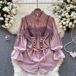 Women's Blouses Blouse Women Turn-down Collar Puff Sleeve Fashion Shirts Sling Vest Lace-up Spring Solid Colour Two Piece Set Zipper Dropship