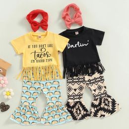 Clothing Sets 1-4Years Kids Girls Summer Outfits Letters Print Short Sleeve T-shirt With Tassels And Casual Flare Pants Headbands Set