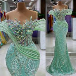 2024 Aso Ebi Mint Sereia Vestido de Baile Frisado Cristais Lantejoulas Lace Noite Festa Formal Segunda Recepção Aniversário Vestidos de Noivado Vestidos Robe De Soiree ZJ78