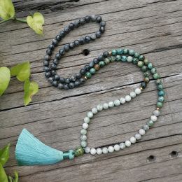 Necklaces 8mm Natural Stone Beads,African Turquoise,lucky Jade,Positive,JapaMala Set,Spiritual Jewelry,Meditation Lotus Mala,108 Mala Bead