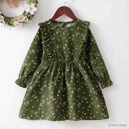 Girl's Dresses Kids GirlsGreen Floral Corduroy Long Sleeved Dress Baby Girl Party Princess Dress For 1-6 Years Fashion Winter Autumn Clothes