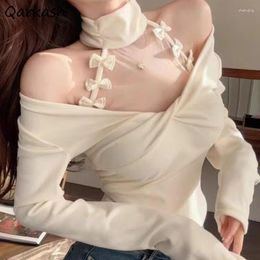 Women's T Shirts Hollow Out T-shirts Women High Street White Solid Bow Sexy Autumn Ladies Clothing Soft All-match Long Sleeve Korean Style