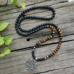 Necklaces 8mm Natural Stone Beads,Matte Black Onyx,Tigers Eye,Heal,JapaMala Sets,Spiritual Jewelry,Meditation,Inspirational,108 Mala Beads