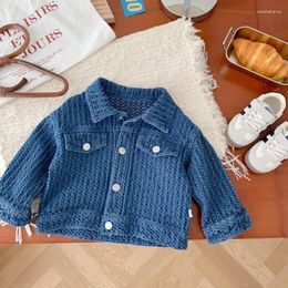 Jackets 2024 Autumn Kids Jacquard Denim Jacket Boys Solid Colour Coat Girls Lapel Collar Casual Tops