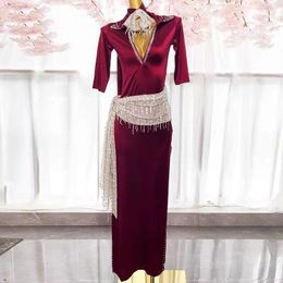 Stage Wear Belly Dance Performance Hafla Dress Egyptian Baladi Saidi Costume Galabeya Abaya 3pcs Cotton Robe Headdress Belt Red