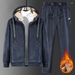 Men's Tracksuits Winter Mens Fleece Set Silver Velvet Jacket And Sweatpants Two Piece Thick Warm Cashmere Liner Men Outfit Outerwear Suit
