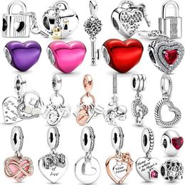 Loose Gemstones 2024 Valentine's Day 925 Silver Metallic Red Heart Bead Padlock & Key Charm Fit S925 Bracelet For Women DIY Jewellery